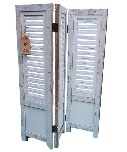 Houten raamshutter 3-luik wit 70 cm Ibiza White van Dutch Mood, vooraanzicht met label